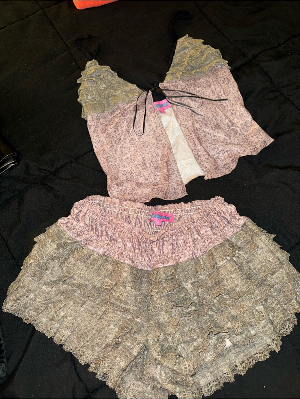 Edikted Dusty Pink and Beige Ruffle Lace Two-Piece Set